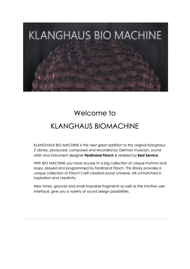 Page n°1 - Manuel utilisateur Best Service Klanghaus Bio Machine