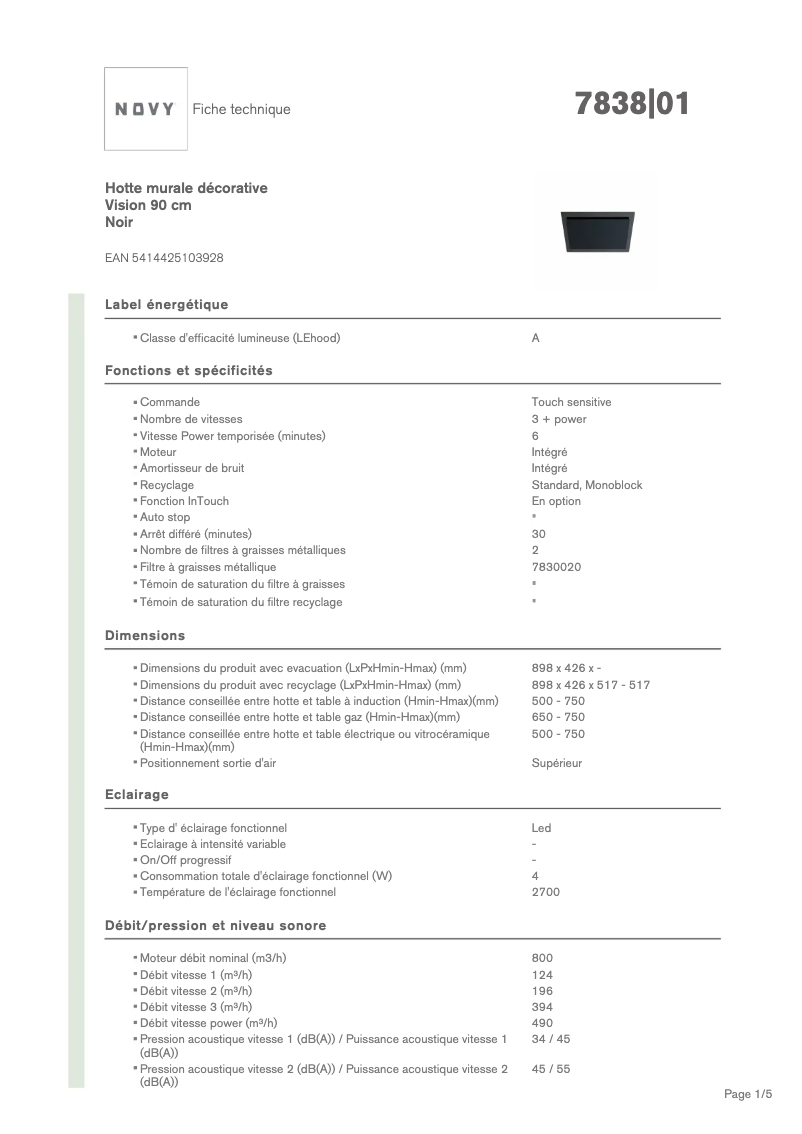 Page 1 de la notice Fiche technique Novy Vision 7838