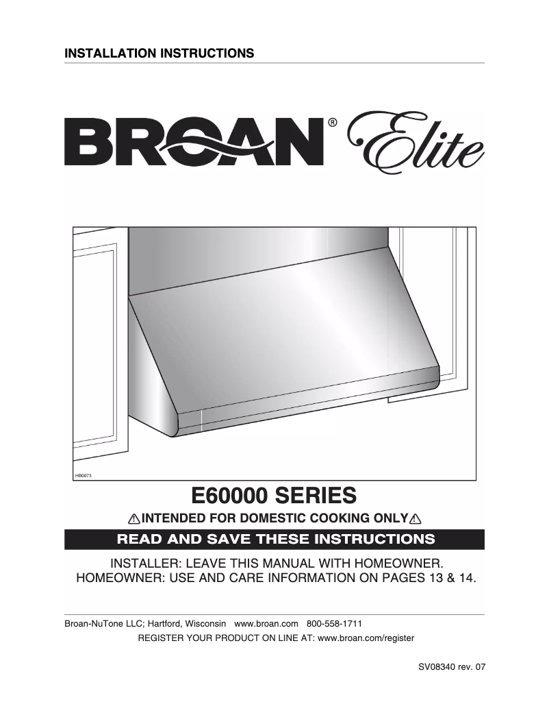 Page 1 de la notice Guide d'installation Broan E6030SS
