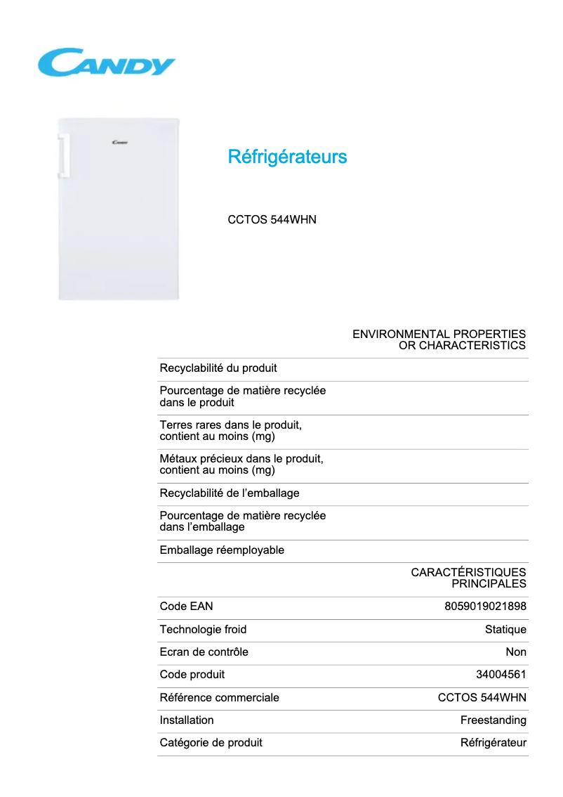 Page 1 de la notice Fiche technique Candy CCTOS 544WHN