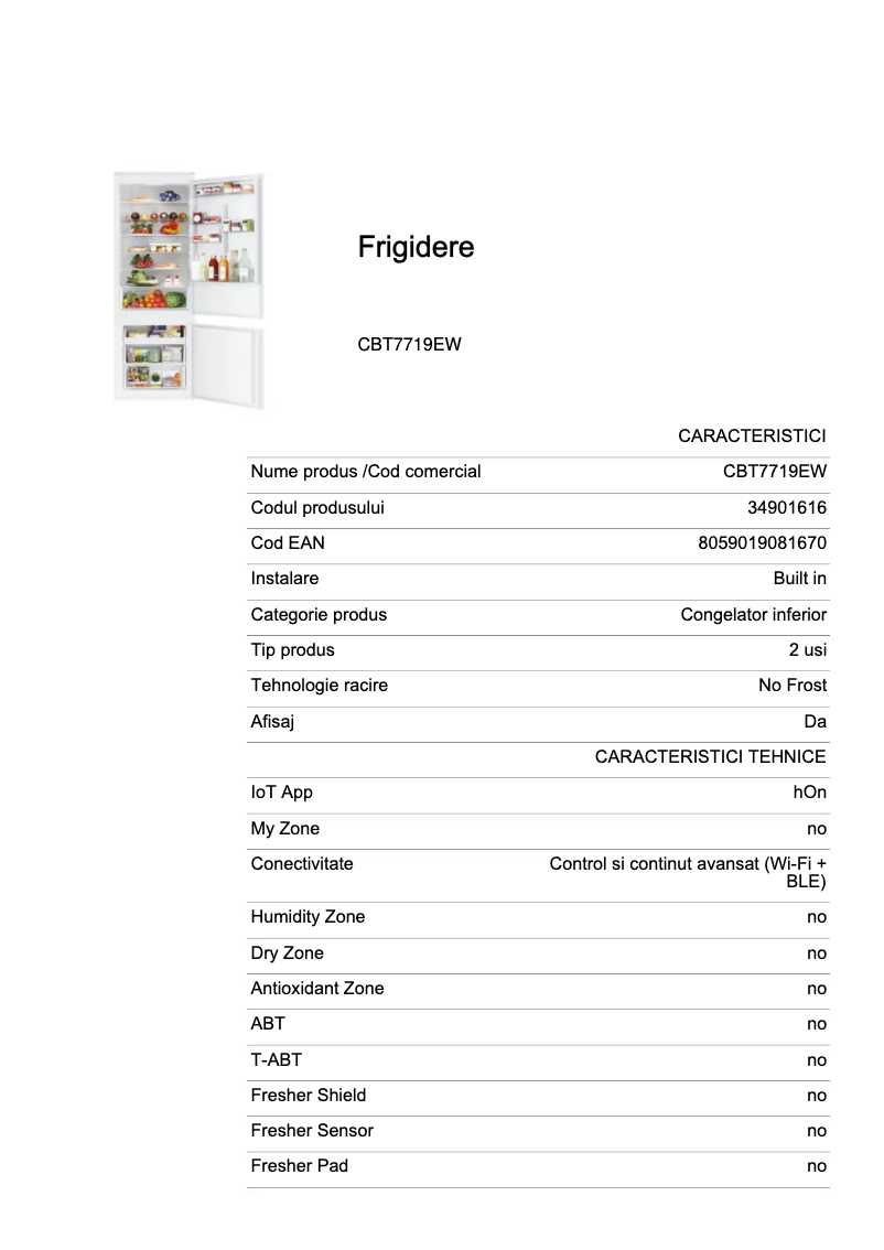 Page 1 de la notice Fiche technique Candy CBT7719EW