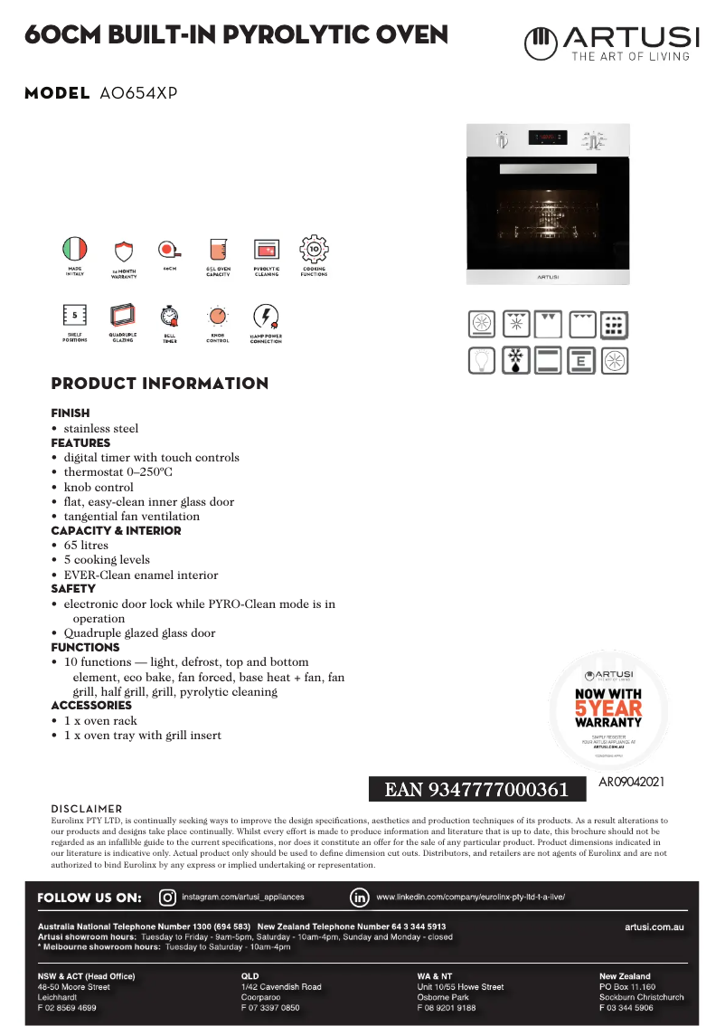 Page 1 de la notice Fiche technique Artusi AO654XP