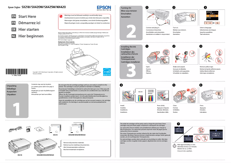 Page n°1 - Guide d'installation Epson Stylus SX 218