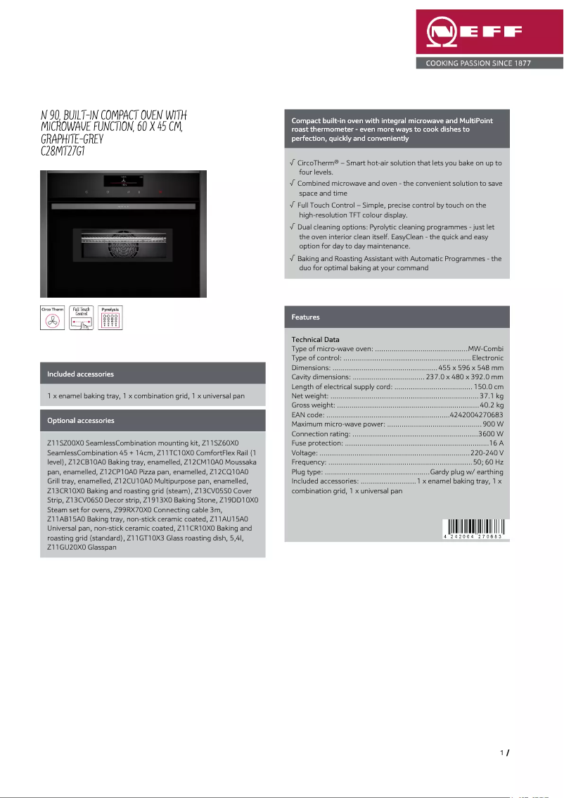 Page 1 de la notice Fiche technique Neff C28MT27G1