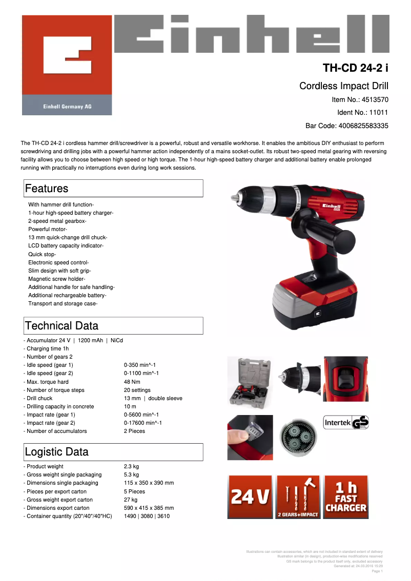 Page 1 de la notice Fiche technique Einhell TH-CD 24-2 i