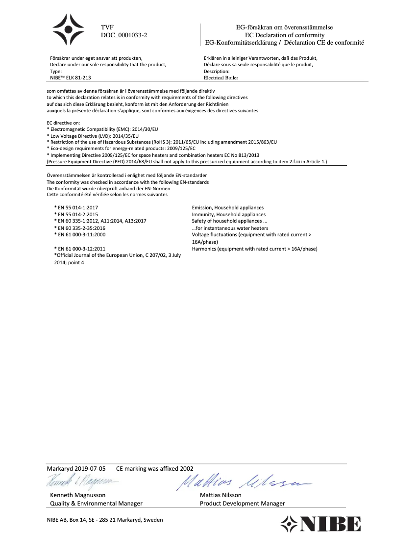 Page 1 de la notice Guide d'installation Nibe ELK 213