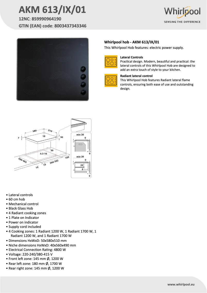 Page 1 de la notice Fiche technique Whirlpool AKM 613