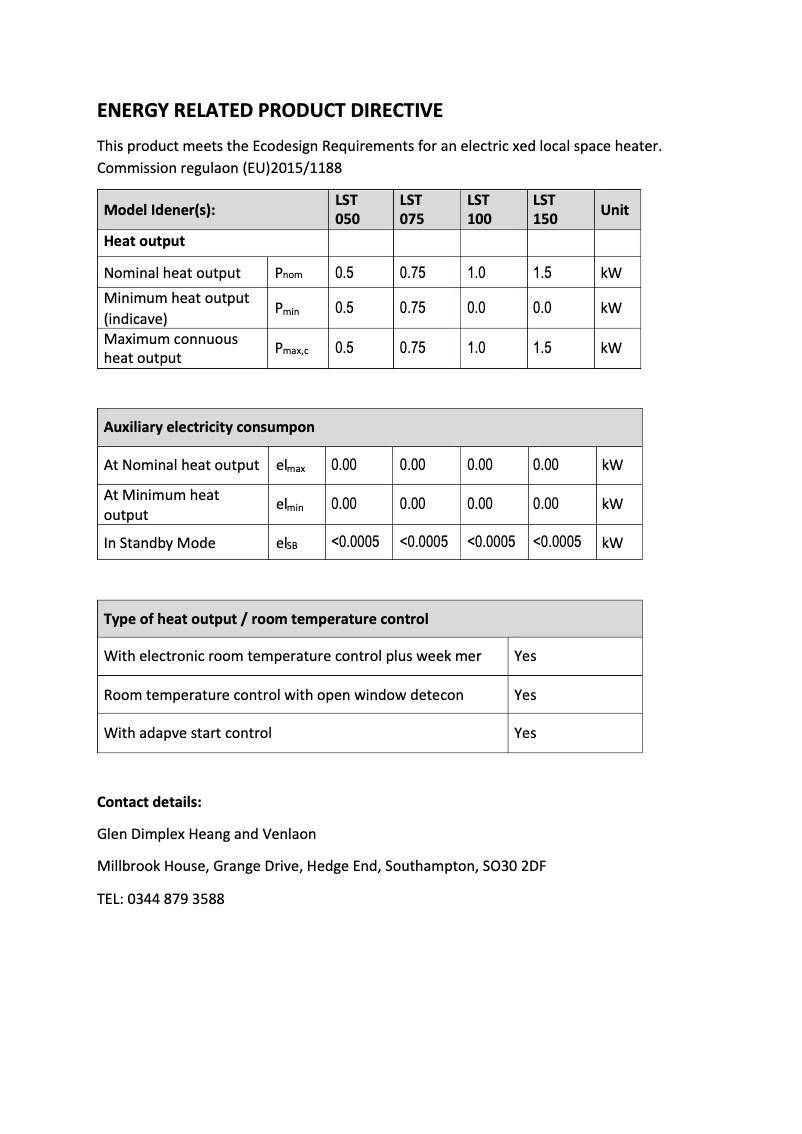 Page 1 de la notice Fiche technique Dimplex LST100
