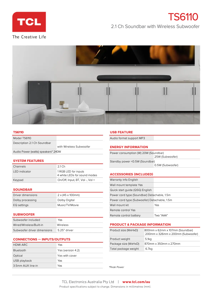 Page 1 de la notice Fiche technique TCL Alto 6+ TS6110