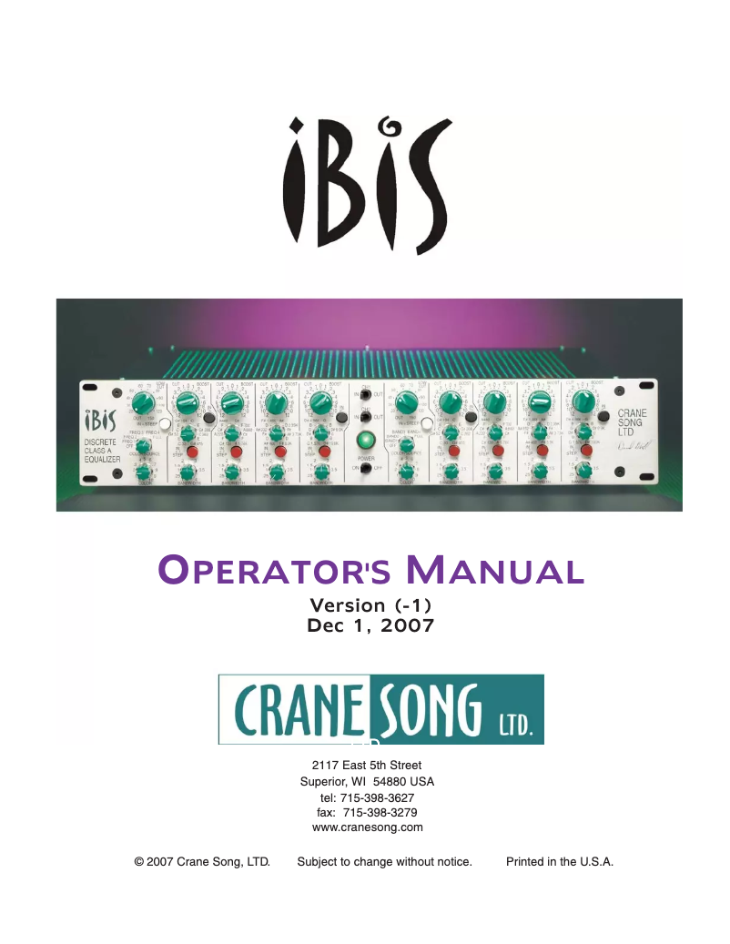 Page 1 de la notice Manuel utilisateur Crane Song Ibis
