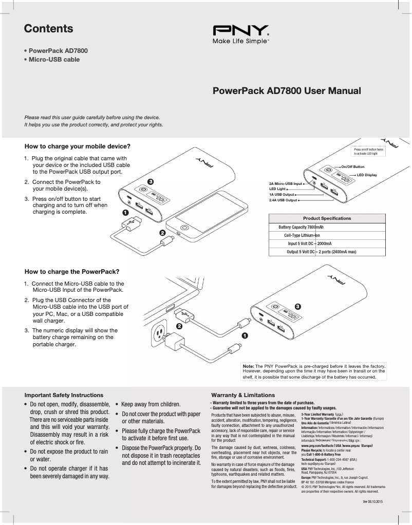 Page 1 de la notice Manuel utilisateur PNY PowerPack AD7800