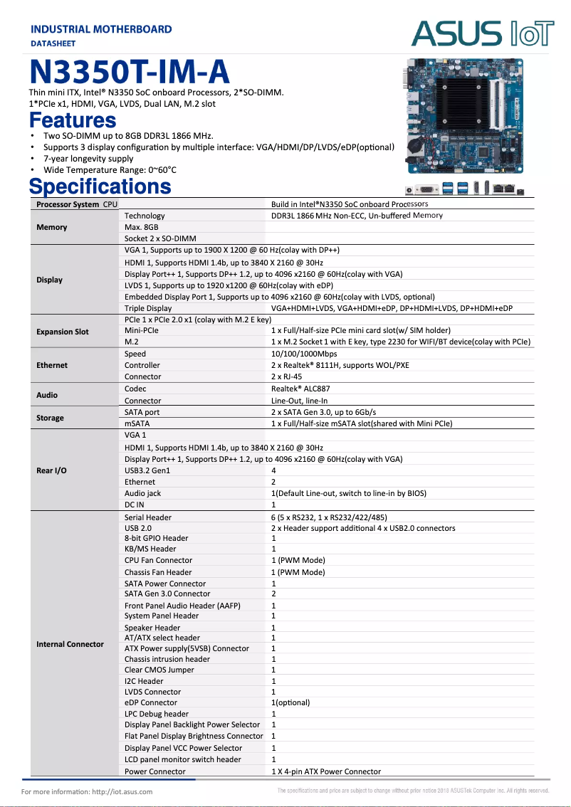 Page n°1 - Fiche technique Asus N3350T-IM-A