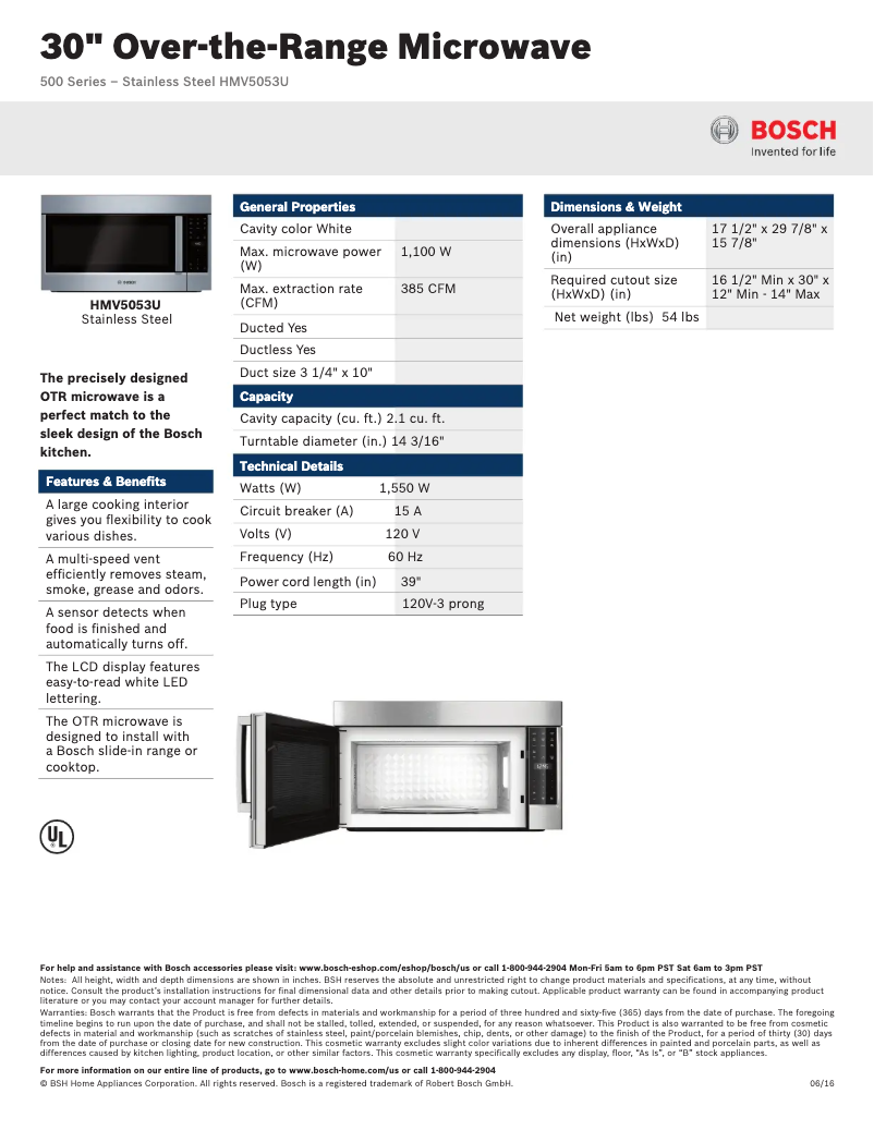 Page 1 of the manual Technical Sheet Bosch HMV5053U