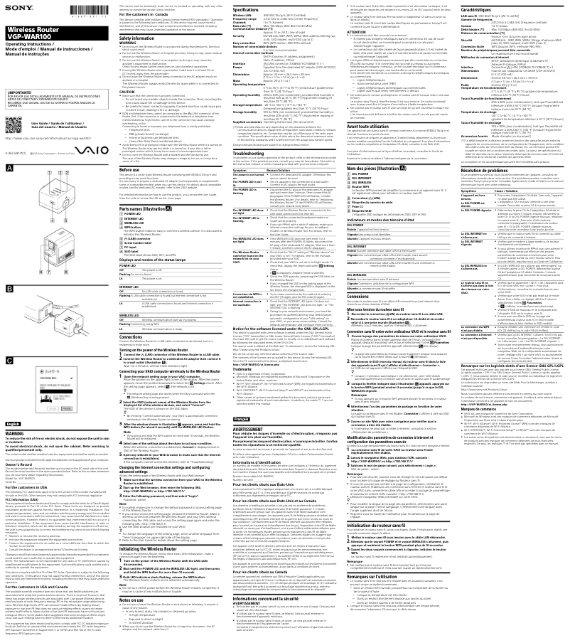 Image de la première page du manuel de l'appareil VGP-WAR100