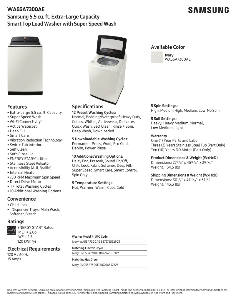 Page 1 de la notice Fiche technique Samsung WA55A7300AE
