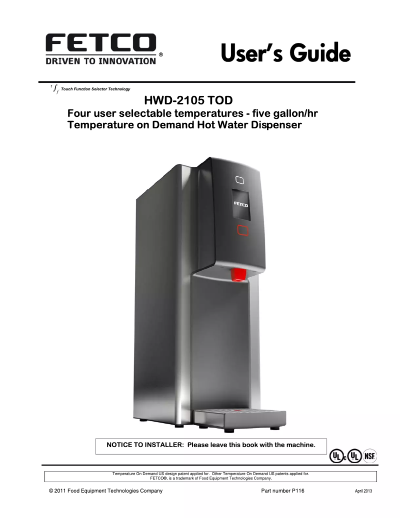 Page 1 de la notice Manuel utilisateur Fetco HWD-2105TOD