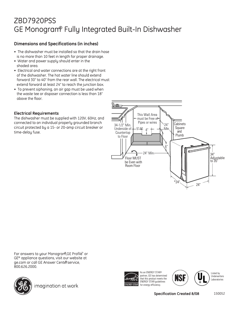 Page 1 de la notice Fiche technique GE ZBD7920PSS