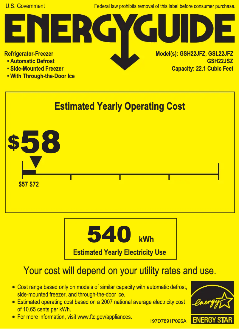 Page 1 de la notice Label énergétique GE GSH22JFZWW