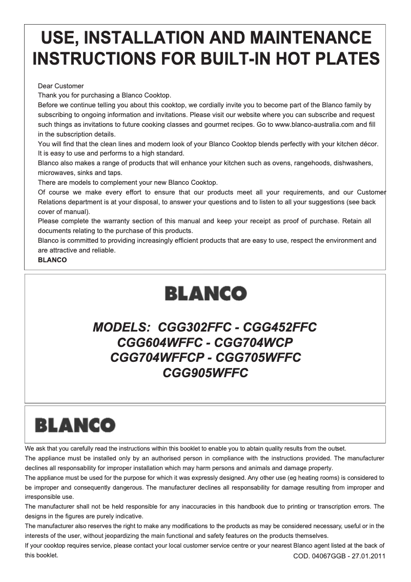 Page n°1 - Manuel utilisateur BLANCO CGG302FFC