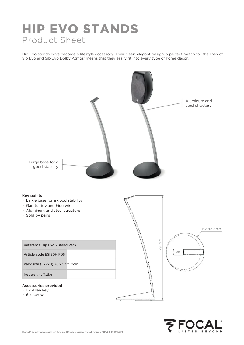 Page 1 de la notice Fiche technique Focal Hip Evo stand