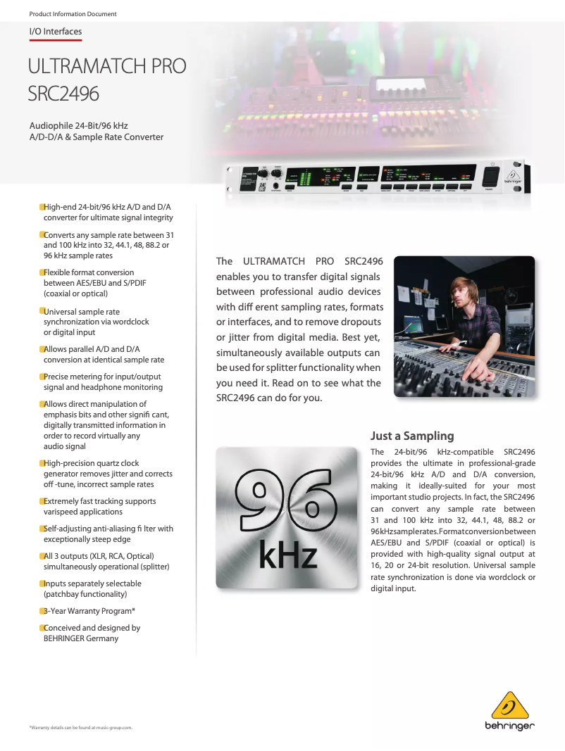 Página 1 del manual Ficha técnica Behringer Ultramatch Pro SRC2496