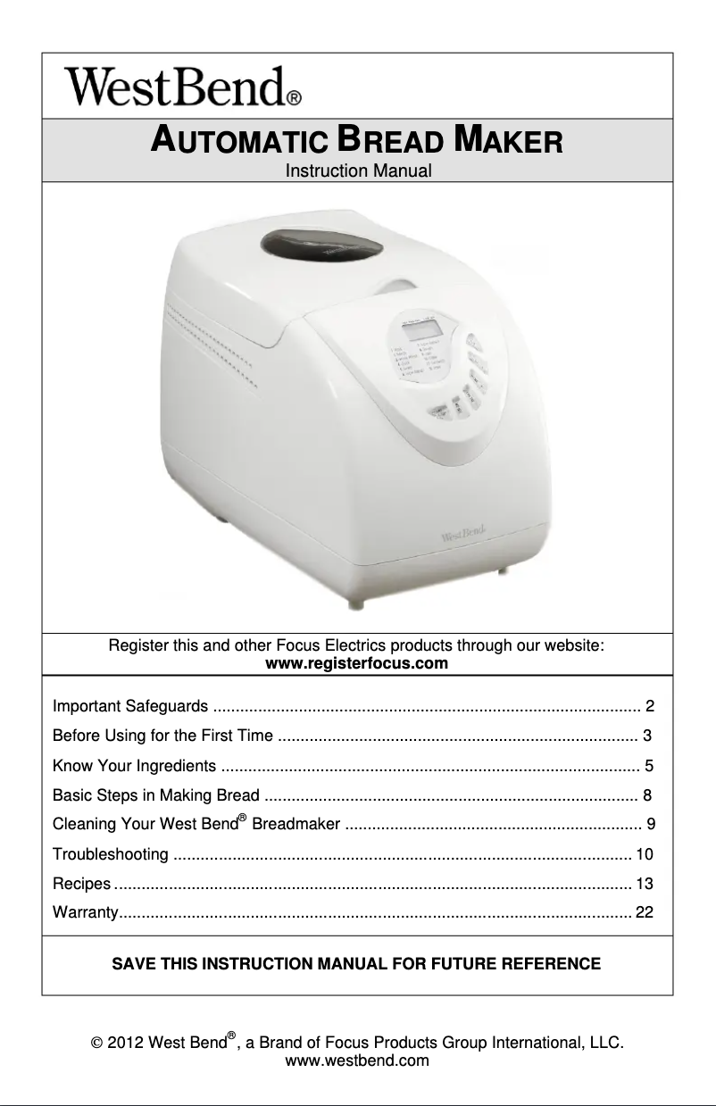 Page n°1 - Manuel utilisateur WestBend 41400