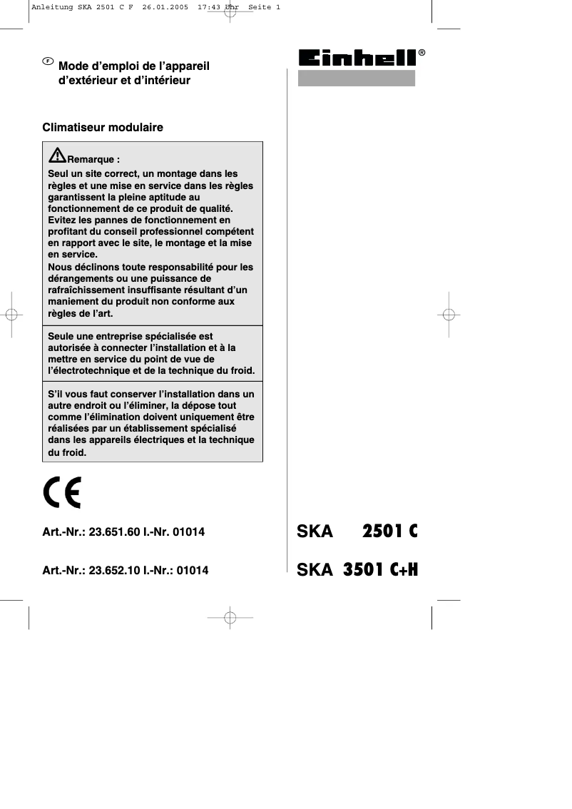 Page 1 de la notice Manuel utilisateur Einhell SKA 3501 C+H