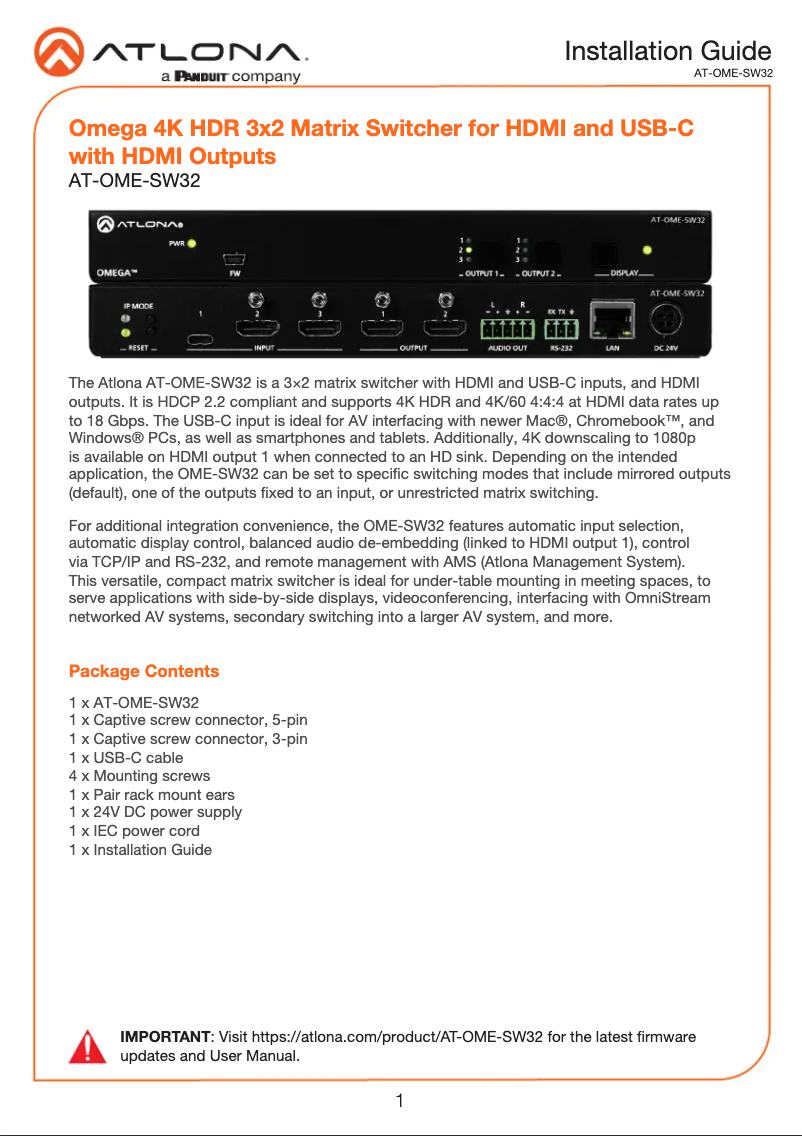 Page 1 de la notice Guide d'installation Atlona AT-OME-SW32
