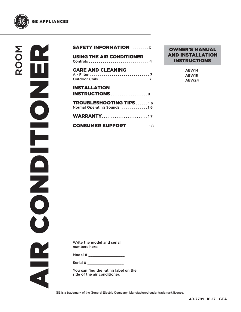 Page 1 de la notice Guide d'installation GE AEW18DX