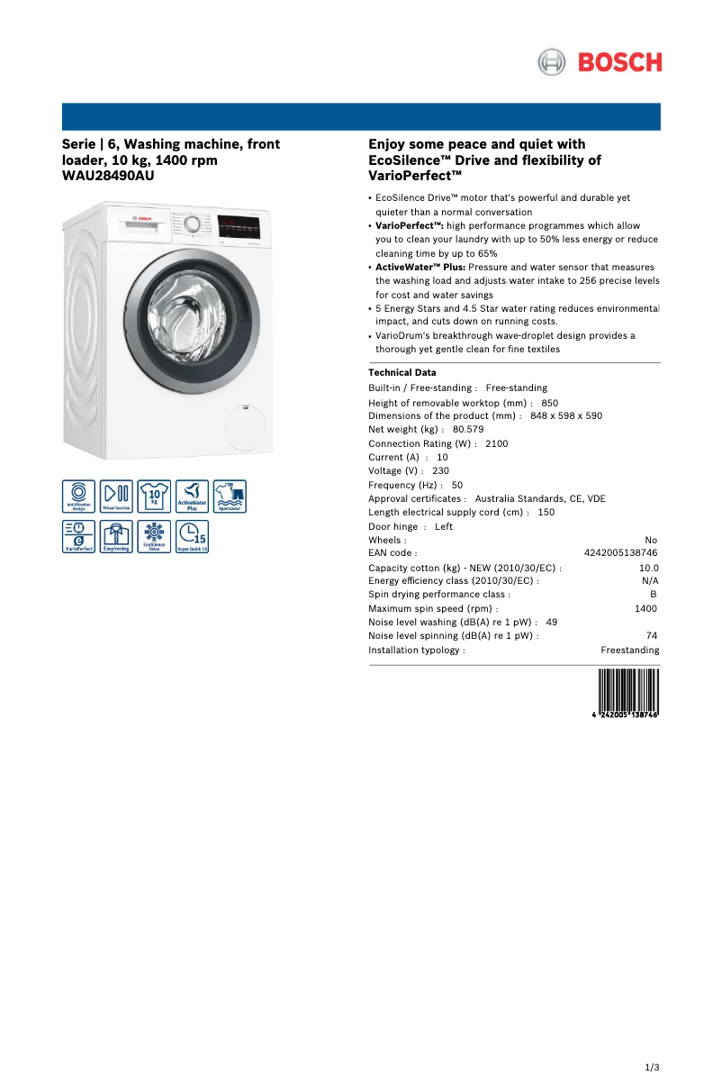 Page n°1 - Fiche technique Bosch WAU28490AU