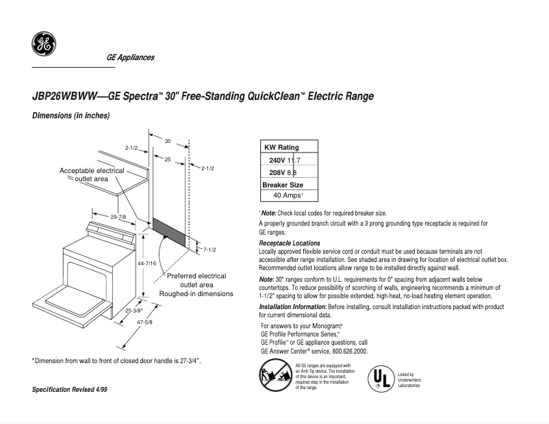 Page 1 of the manual Technical Sheet GE Spectra JBP26EDBB
