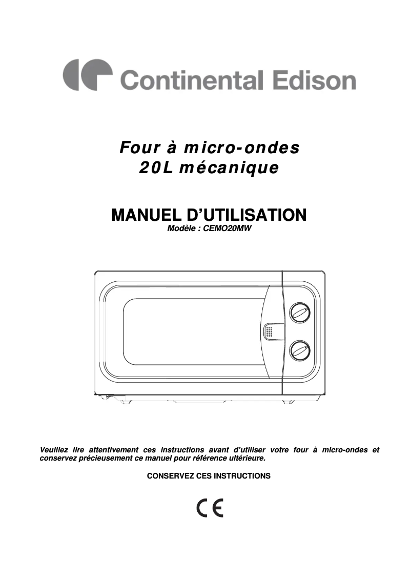 Page 1 de la notice Manuel utilisateur Continental Edison CEMO20MW