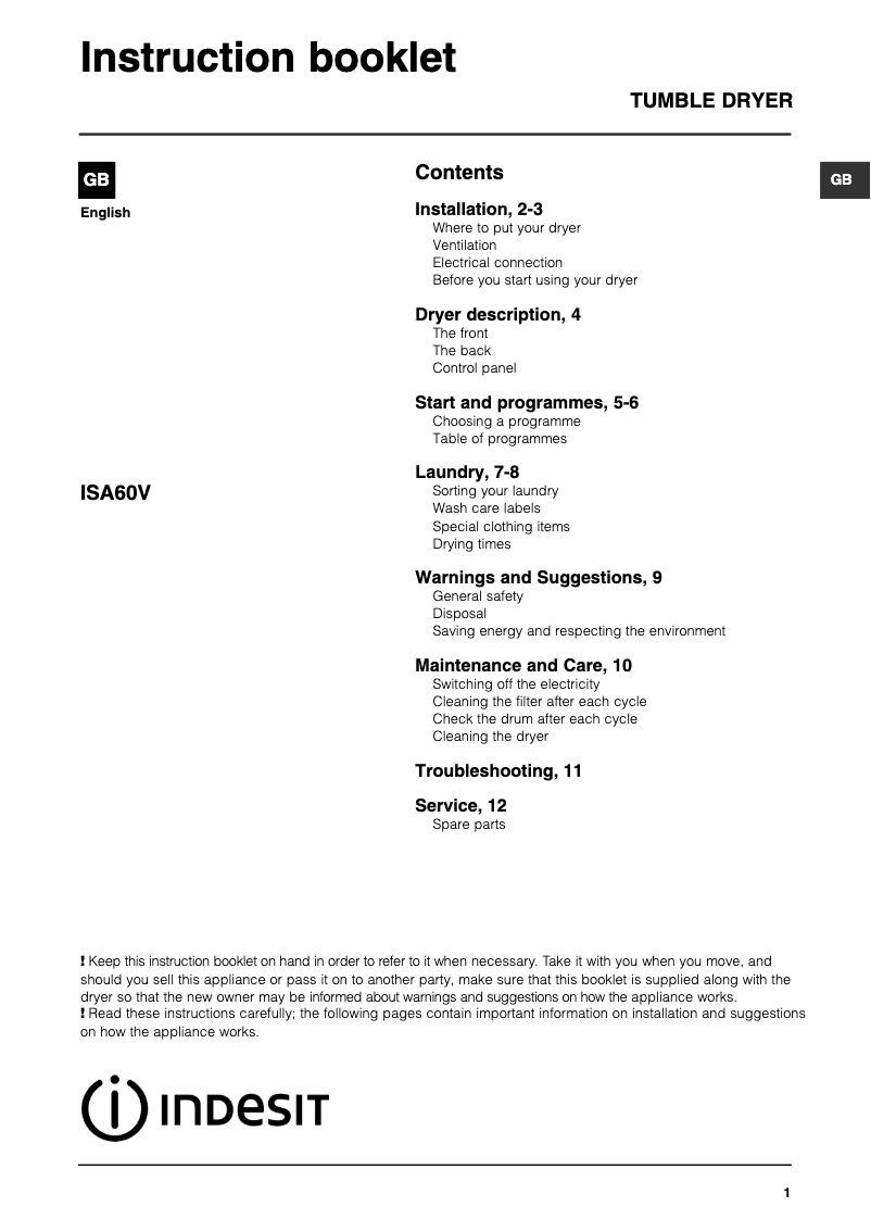 Página 1 del manual Manual de usuario Indesit Isa 60 v
