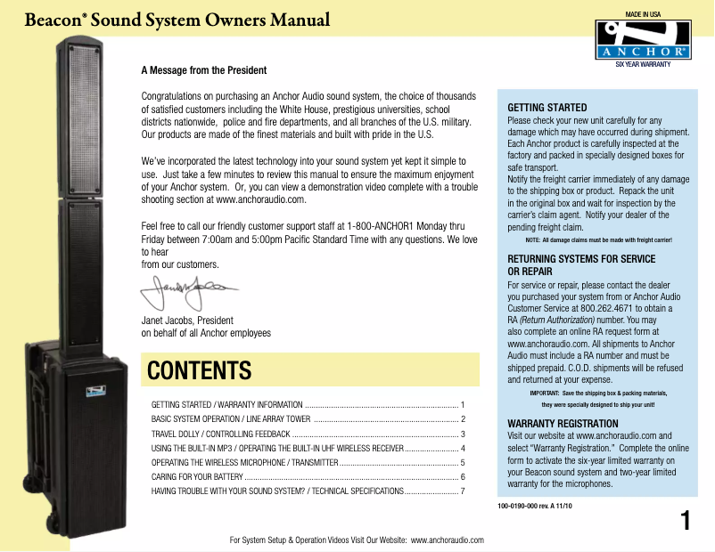 Page n°1 - Manuel utilisateur Anchor Audio BBP-7500/CM