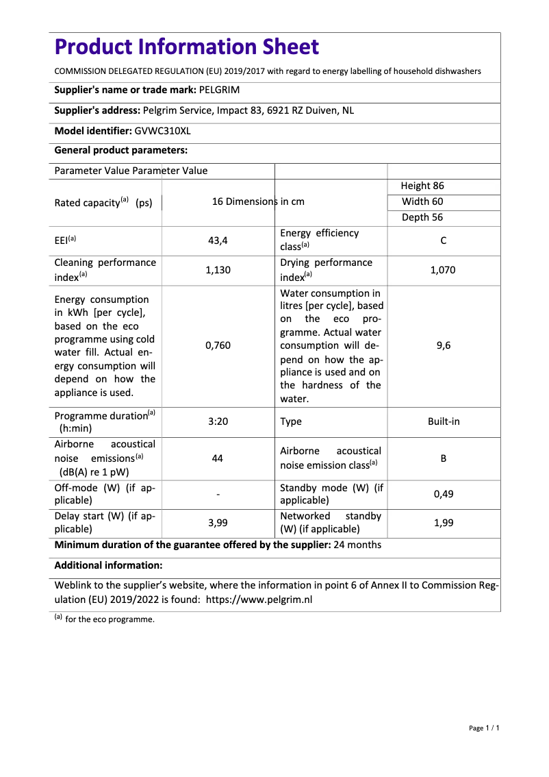 Page 1 de la notice Fiche technique Pelgrim GVWC310XL