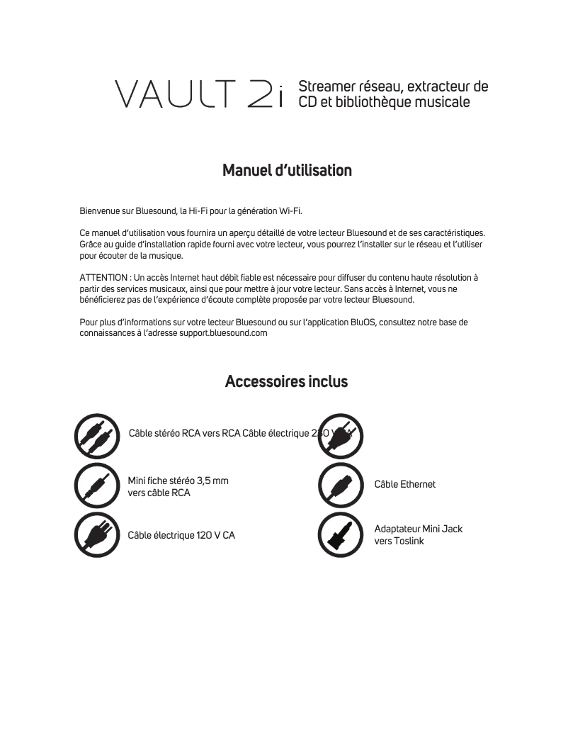 Page 1 de la notice Manuel utilisateur Bluesound Vault 2i
