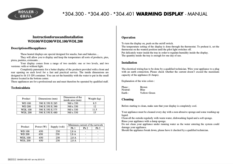 Page 1 de la notice Manuel utilisateur Roller Grill 304400