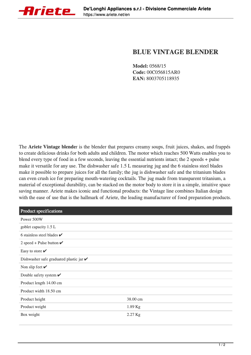 Page 1 de la notice Fiche technique Ariete Vintage 0568