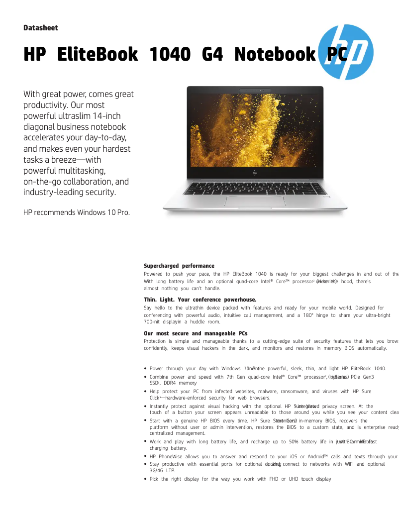 Page 1 de la notice Fiche technique HP Elitebook 1040 G4