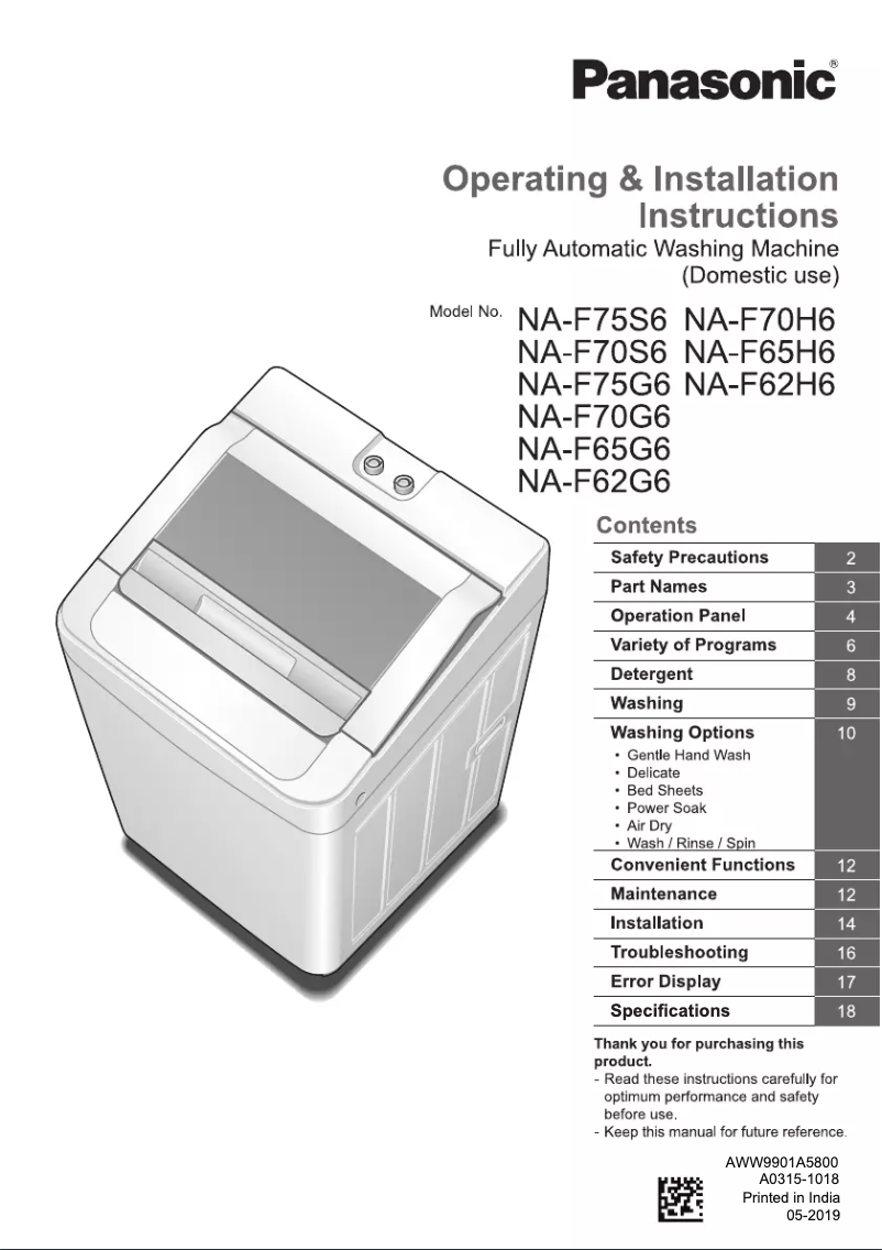 Page 1 de la notice Manuel utilisateur Panasonic NA-F70H6