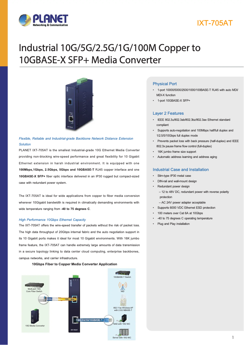 Page 1 de la notice Fiche technique Planet IXT-705AT