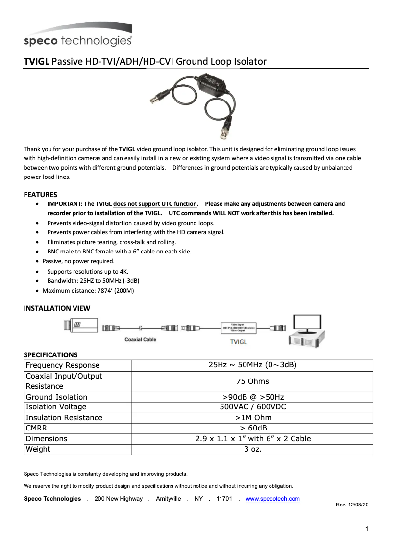 Page n°1 - Manuel utilisateur Speco Technologies TVIGL