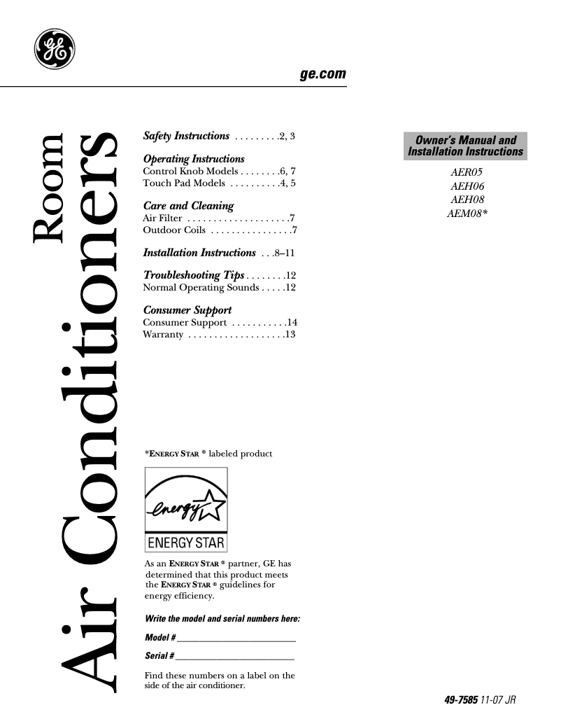Page 1 de la notice Manuel d'utilisation et d'entretien GE AEM08FL