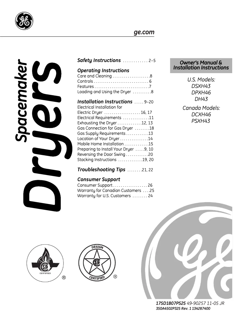 Page n°1 - Manuel d'utilisation et d'entretien GE Profile DPXH46EFWW