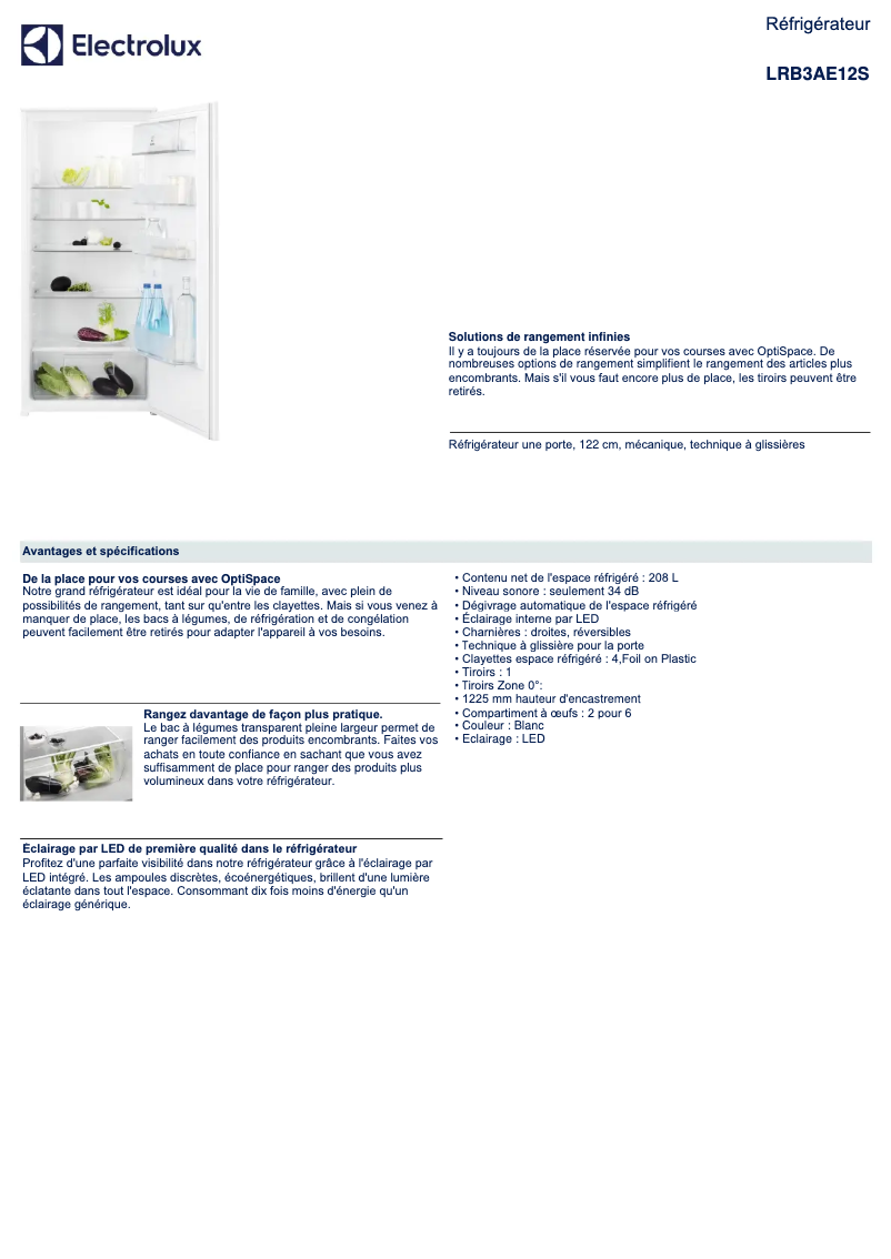 Page 1 de la notice Fiche technique Electrolux LRB3AE12S