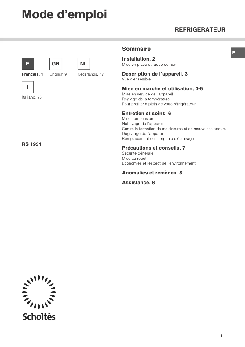 Page 1 de la notice Manuel utilisateur Scholtès RS 1931