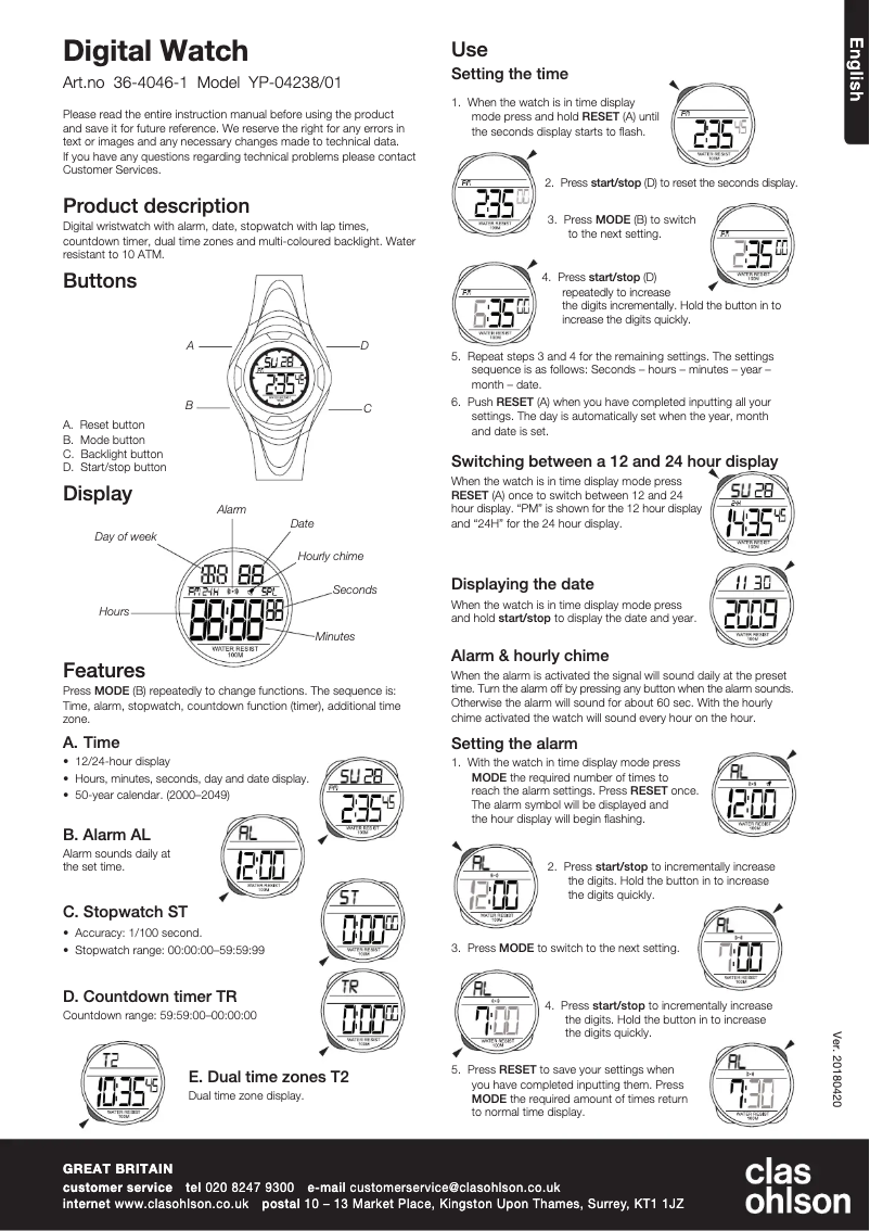 Page n°1 - Manuel utilisateur Clas Ohlson YP-04238/01