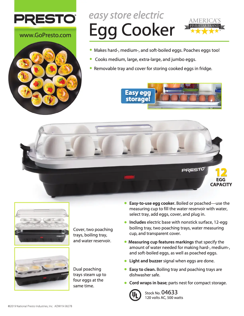 Page 1 de la notice Fiche technique Presto Easy store electric Egg Cooker