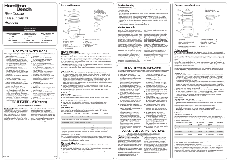 Page n°1 - Manuel d'utilisation et d'entretien Hamilton Beach 37538N