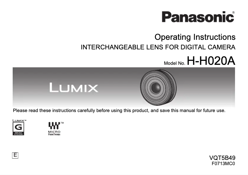 Page n°1 - Manuel utilisateur Panasonic Lumix G 20mm f/1.7 II